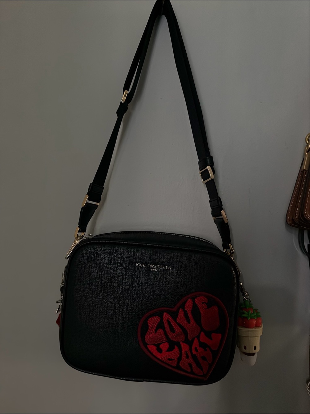 Karl Lagerfeld Black Crossbody Bag with Red Heart Patch - Love Heart Accent